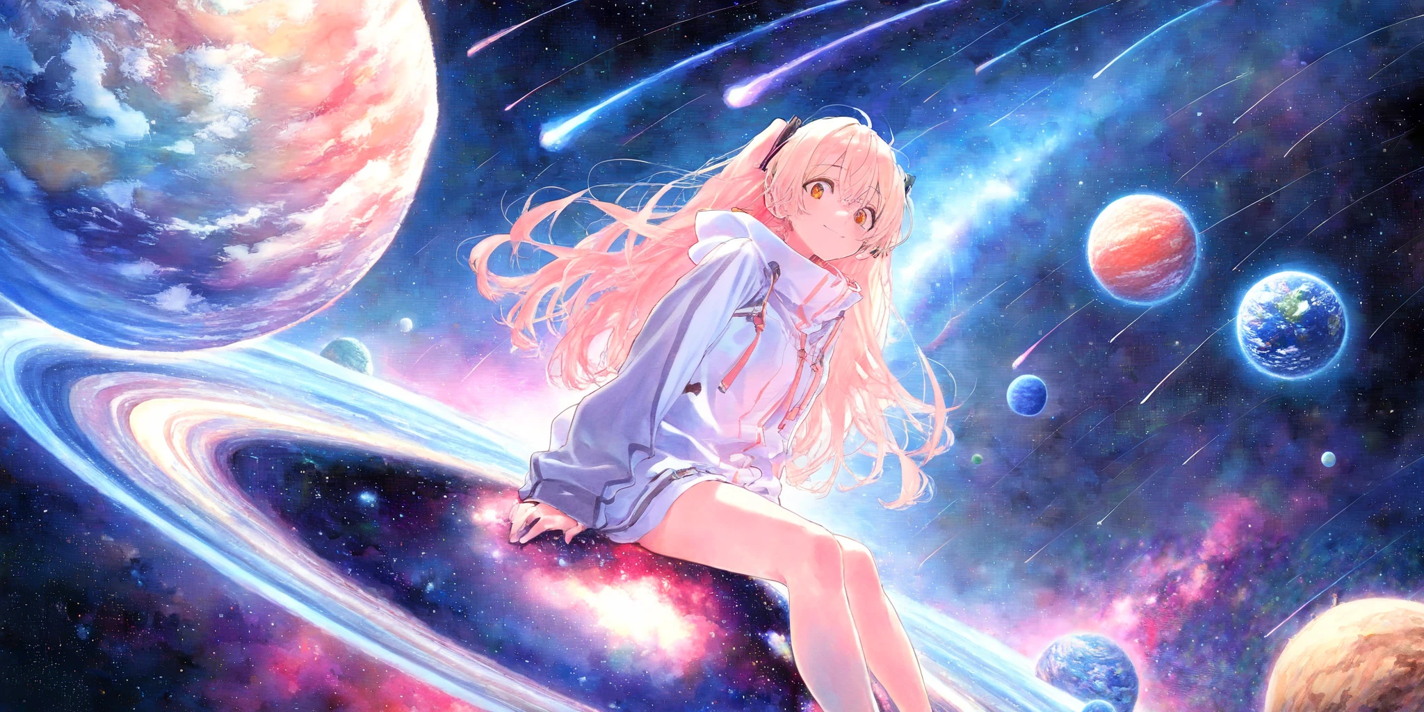 (1girl sitting on (star-note:1.4):1.4) with big smile. BREAK .at beautiful nebula, (so many shooting stars),many beautiful planet,dynamic angle, focus on girls face, watercolor style,rough touch, space-scape,masterpiece,best quality