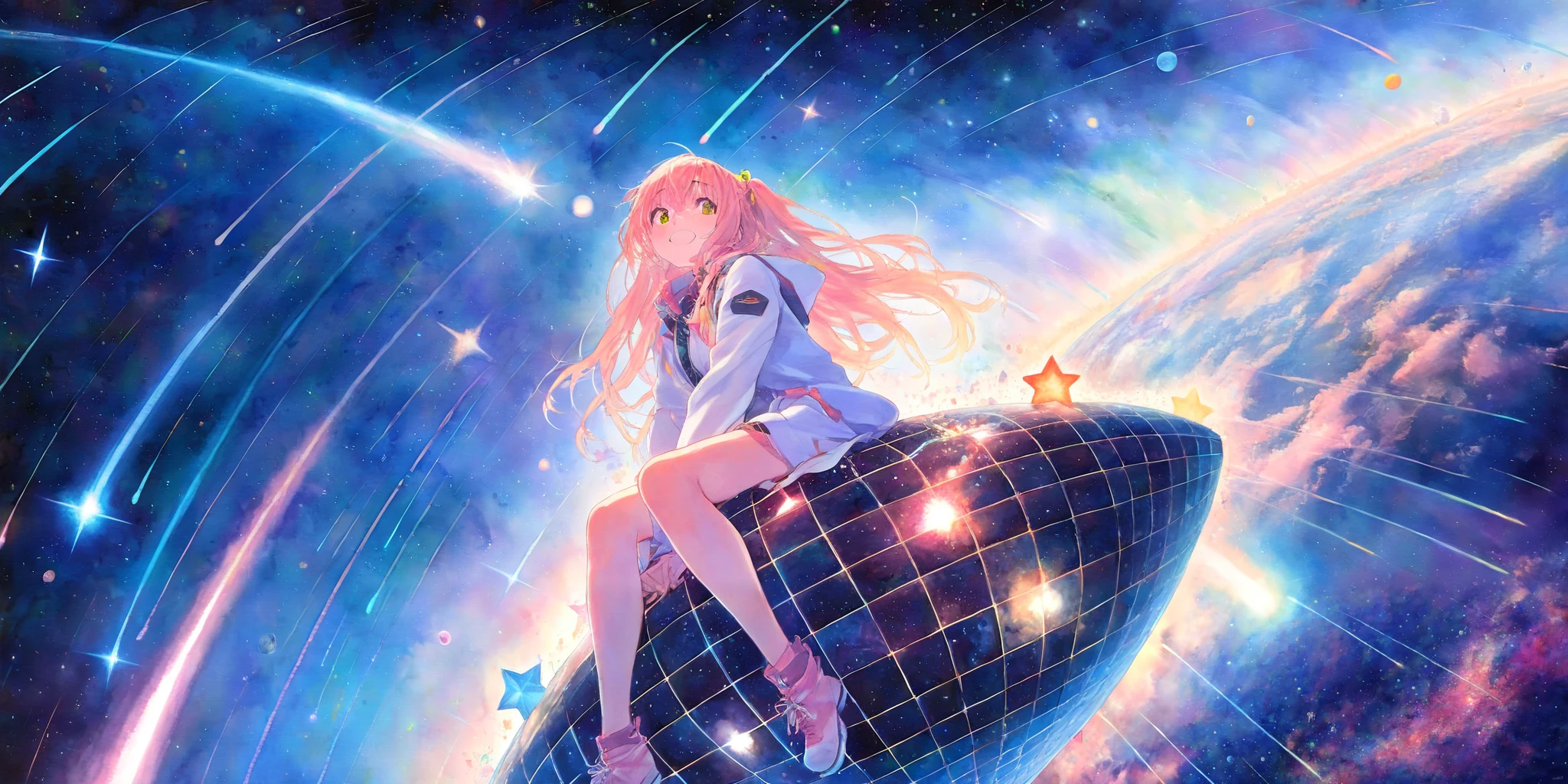 (1girl sitting on (star-note:1.4):1.4) with big smile. BREAK .at beautiful nebula, (so many shooting stars),many beautiful planet,dynamic angle, focus on girls face, watercolor style,rough touch, space-scape,masterpiece,best quality