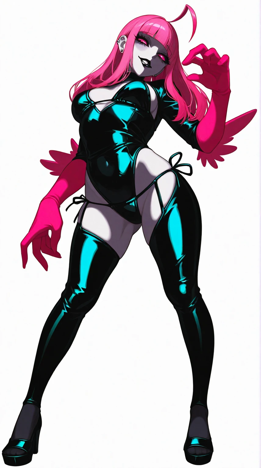 8K, high definition, married, beautiful, beautiful, bright, eye highlights, sexy, erotic, beautiful line drawing, light blue skin, blue and orange gradient ear fins, bunny girl, bunny suit, net tights on legs,large breasts,huge breasts,sasagging breasts,Light blue skin White hair Purple eyes ,shiny skin, shiny body、Black dust bunny suit, pink background, heart symbol on background,Black dust bunny suit, pink background, heart symbol on background, sexy bondage outfit,Blue skin,