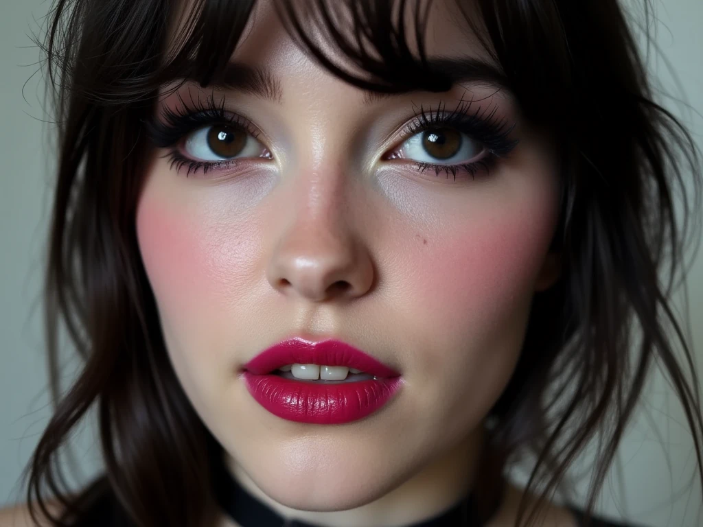 Close up of face, deep pink lips, lip gloss, shiny lips, eyeliner flicks, thick eyeliner, goth make up