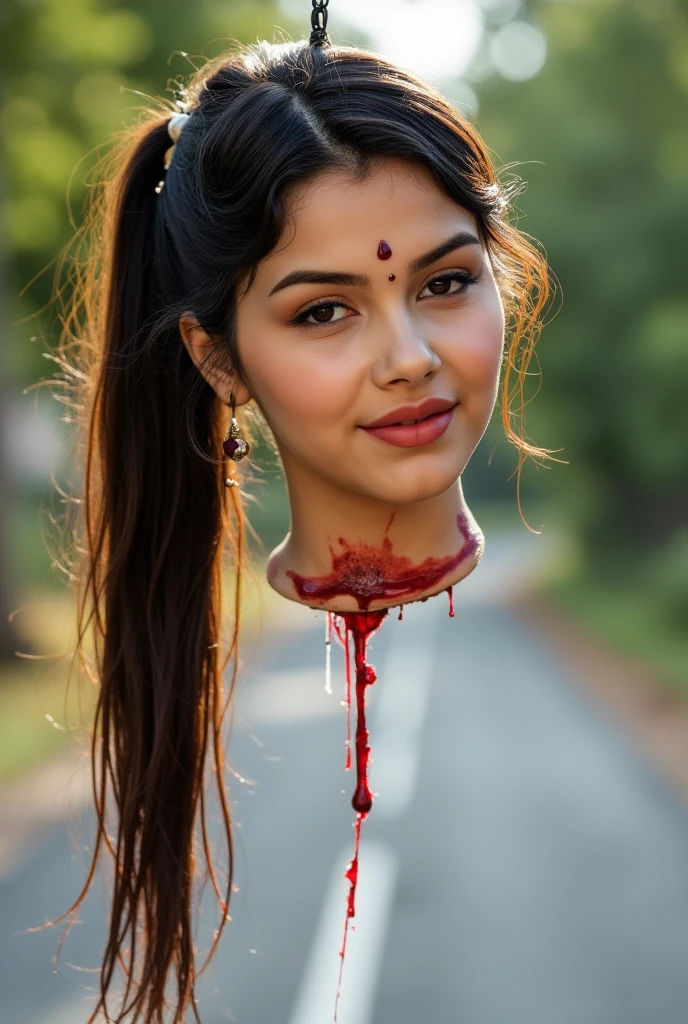 A beautiful chubby Actress's bloody decapitated head hanging by hair on a empty road. From front side severed head face is visible. The head has a serene, peaceful expression with the eyes gently closed. Her long and dark hair is styled in an elegant pony tail, adorned with traditional hairpins. She wears delicate earrings and a nose ring and bindi on forehead.