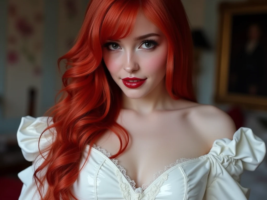 Blood red hair, red lip gloss, reflective lip gloss, vinyl lip gloss, wedding dress made of latex, latex fetish wedding dress