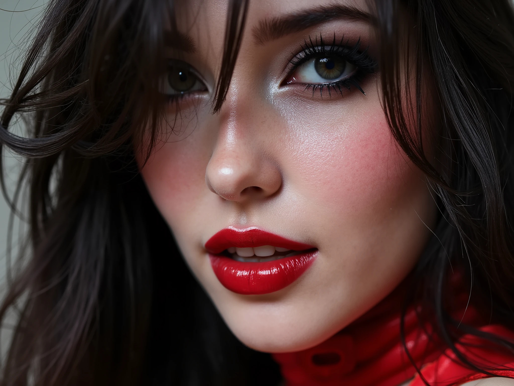 Close up of face, deep red lips, lip gloss, shiny lips, eyeliner flicks, thick eyeliner, goth make up