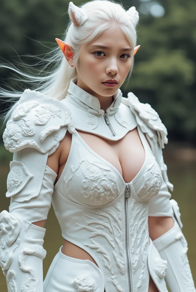 8k,Magnificent Fangs,white mohawk hair,A close-up of a girl wearing a white cat ear costume(Like the real thing) ,Muscular macho body,Gorgeous green and black armor,white mohawk hair,Lavish decoration,Green Eyes,Ultra-Realistic Skin,Fangs are visible from the mouth,Portrait of a Knight, ig model | ArtJam, Very detailed artgerm, Fan Art Best Art Station, 2. 5d cgi animation,Gorgeous Mature Paladin, Detailed digital anime art, Alexandra Fomina Art Station, ArtJam ; 3d unreal engine５,Ultra-high resolution,A kind smile,Strong,Highest quality photorealistic RAW photos。Backlight、Cinema Lighting、Film Grain、50mm lens、Nikon D850、Ultra-Realistic Skin、Fantasy art、Character Art、Ultra-high resolution、muscular and slim body、Ultra-Realistic Skin、Super Muscular Beauty,Clenching his fist and striking a dynamic pose,Showing cleavage,Super Muscular Beauty,Female bodybuilder body types,Very large breasts,Karate stance(Martial Arts),