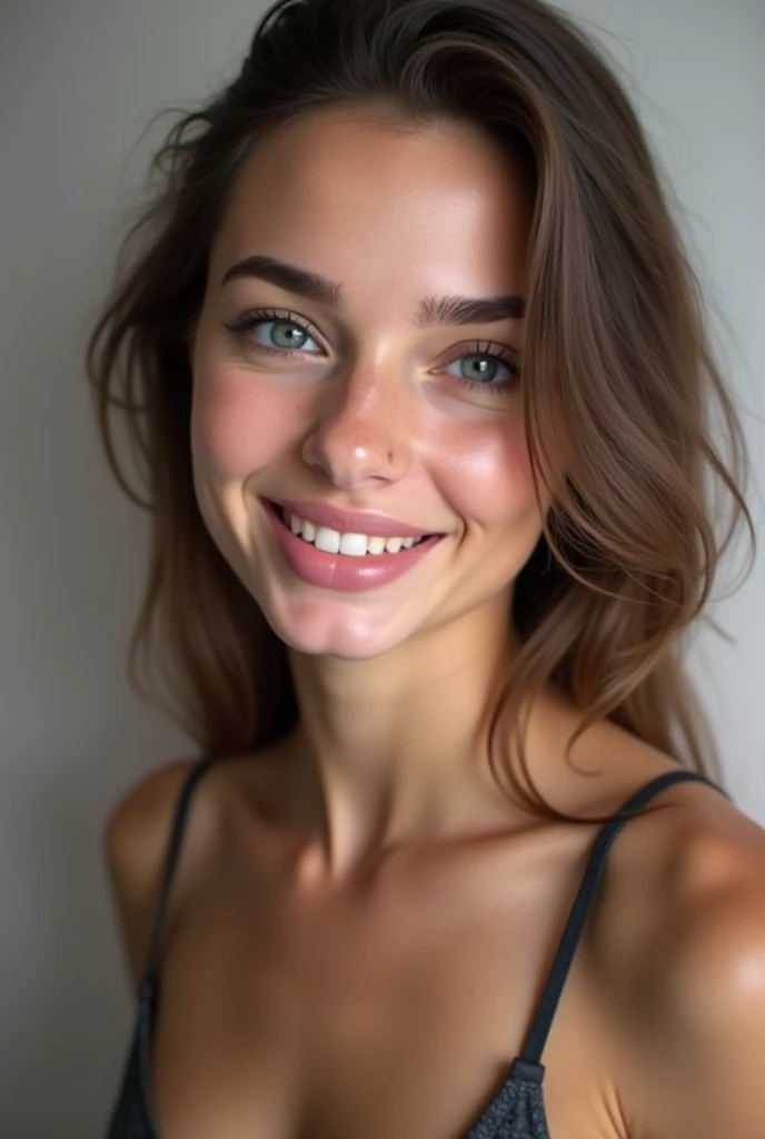 Full length selfie of a girl with her black hair in a ponytail and wearing a top, slim and fit, at home, looking directly at the camera