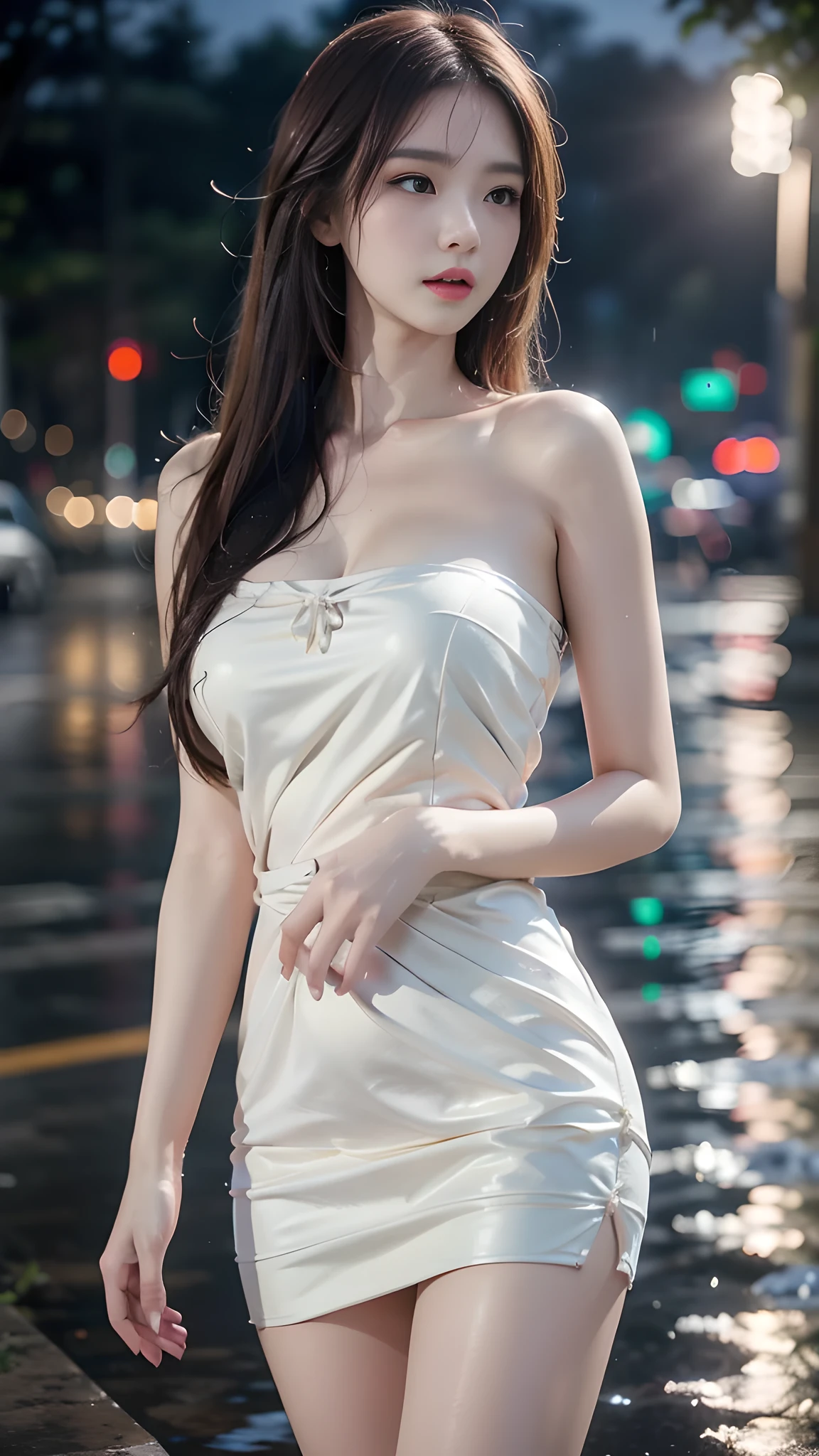 ((best qualtiy, 8K, tmasterpiece:1.3)), Focus:1.2,half-body photo，upper legs， perfect figure beautiful woman:1.4, Cocked buttocks:1.2, ((Cut hair in layers, Normal chest:1.2)), , (rain, street:1.3), Bandeau dress:1.1, Highly detailed facial and skin texture, A detailed eye, 二重まぶた，Whiten skin，long whitr hair,(with a round face:1.5)，Superskirt，Raised sexy，Get wet