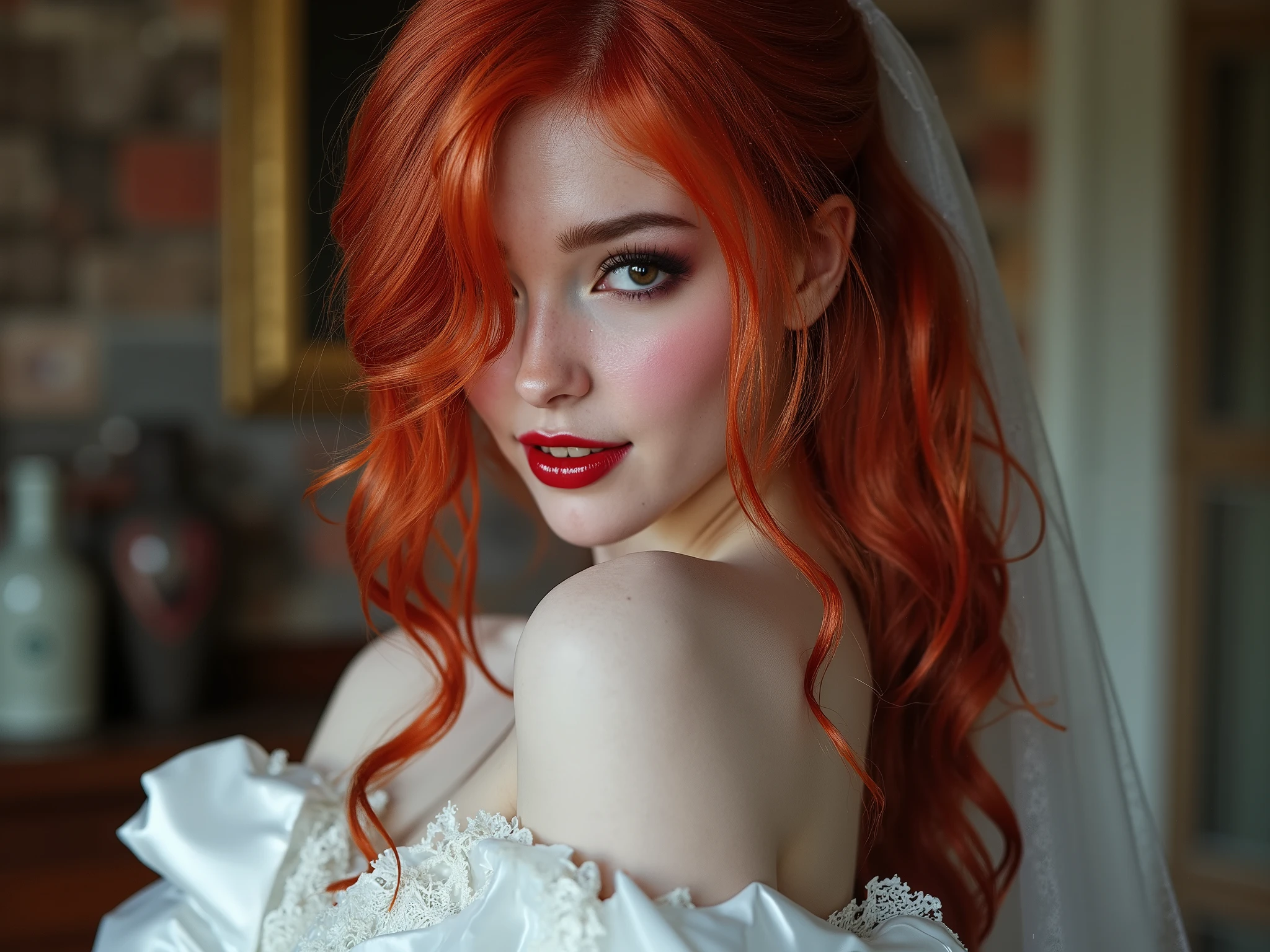 Blood red hair, red lip gloss, reflective lip gloss, vinyl lip gloss, wedding dress made of latex, latex fetish wedding dress