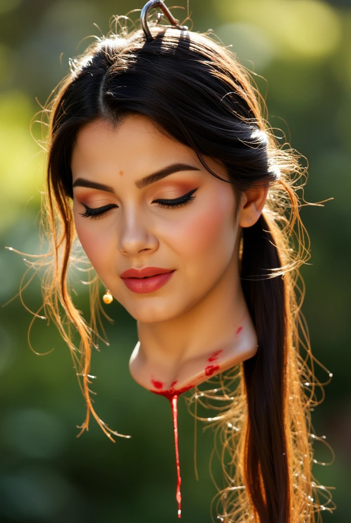 A bloody decapitated severed head of a Chubby actress, hanging delicately on a hook. Just Blood mark around edges of the neck. The actress’s features are serene and graceful, with soft golden-brown skin. Her eyes are closed in peaceful repose, and her dark pink lips are slightly parted, giving her a calm, serene expression. Her long, dark hair is styled in an intricate pony tail, adorned with traditional bridal jewelry. Her makeup is natural, with rich colors highlighting her lips, and a small red bindi on her forehead. The head is suspended by a hook, that gives a surreal, unsettling contrast to her otherwise peaceful expression. The background is full with natural Light, with soft shadows, emphasizing the lifelike details of the skin, hair, and jewelry. The image should evoke both beauty and a haunting surrealism, capturing the bride's grace and the eerie nature of the disembodiment in a highly detailed and realistic manner.