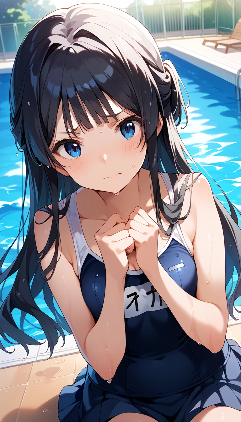 (best quality:1.2), 1girl, long flowing hair, school swimsuit, in a swimming pool, vibrant background colors, soft sunlight, realistic water reflections, detailed facial features, confident expression, energetic pose, joyful atmosphere, summer vibes, sparkling water, dynamic composition, vivid colors, playful atmosphere, youthful charm, precise brushstrokes, lifelike appearance, intricate details, high-resolution rendering.