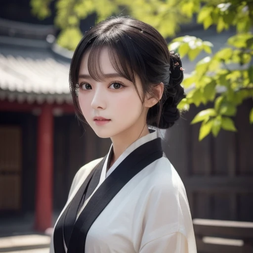  1 girl, full body,  highly detailed face,   beautiful eyes in every detail  , light on face, cinematic lighting , Look at the Viewer ,Outdoors, black hair,(Black Chinese architecture:0.05),Hanfu,