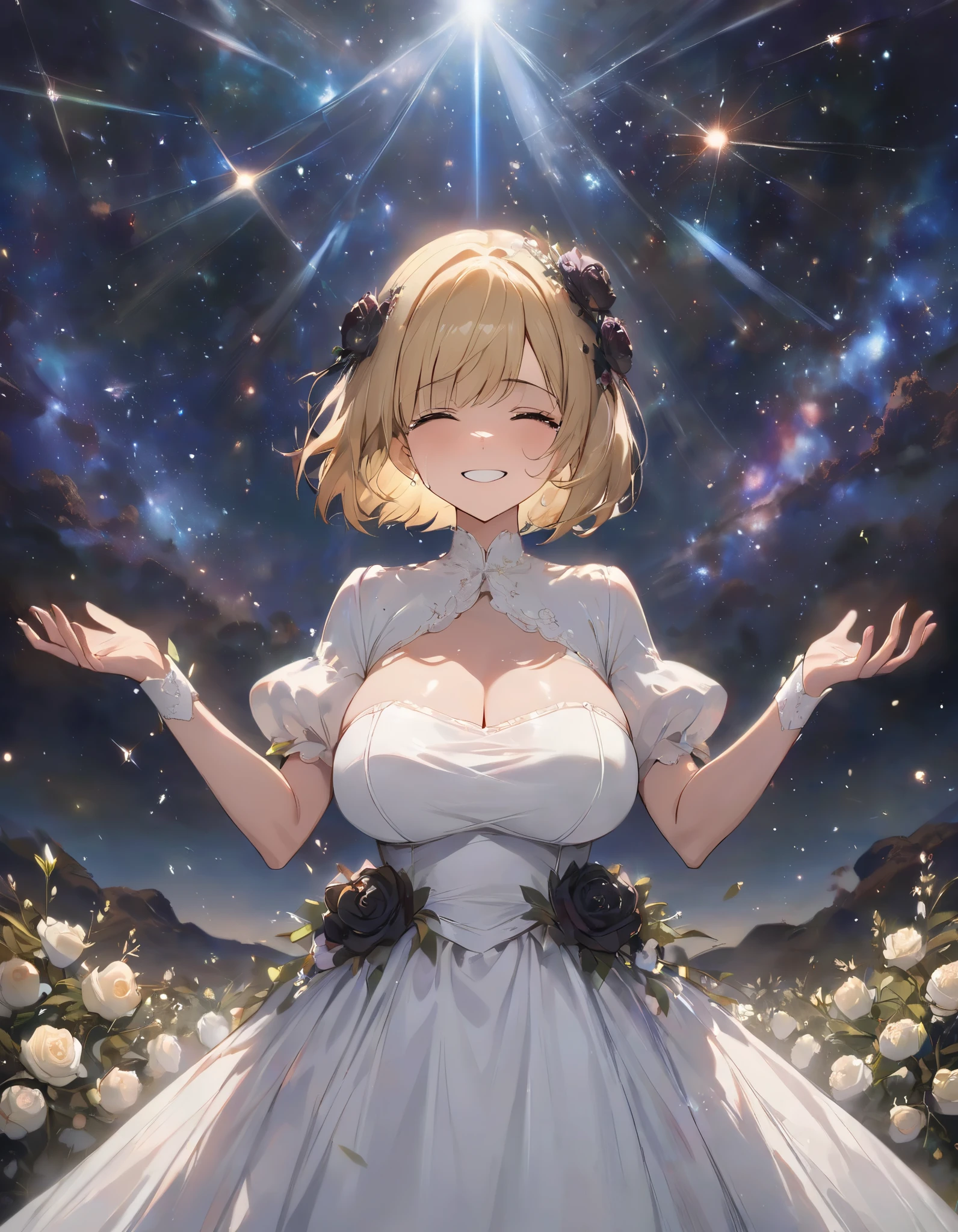 ((masterpiece, best quality, extremely detailed, absurdres)),(dynamic lighting),galaxy sky,starry,1girl,center,facing at viewer,standing,blonde hair,medium hair,bob cut hair,big smile,((tears)),shiny pure white bridal dress,large breasts,black flower banquet,