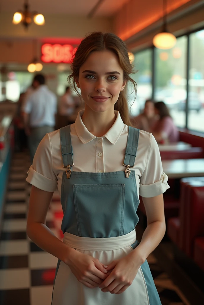 (medium full shot) of (attractive young woman:1.1) waitress, american with straight brown hair in a bob, hazel eyes, light tan skin, athletic build, wearing Vintage-inspired uniform with a lavender dress, white apron, knee-high stockings, black heels, trendy hair barrette, wearing a name tag, laughing, arms crossed, .set in Snug, Intimate space tucked away from the main bar, low ceilings, candlelit tables, cushioned benches built into the walls, vintage decor, the aroma of hearty pub fare , at sunset, ,Masterpiece,best quality, photorealistic, amazing quality, very aesthetic, extremely detailed face,