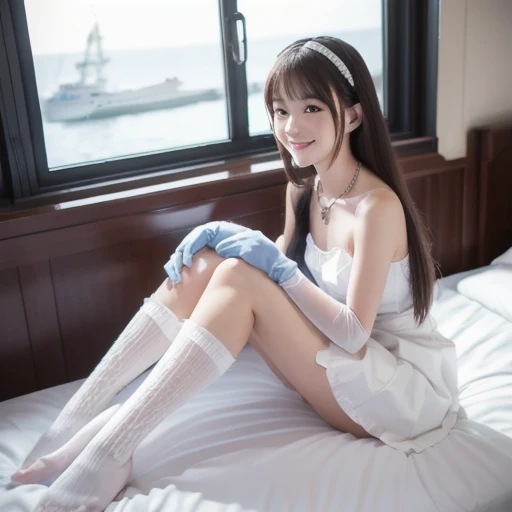 best quality, masterpiece, 1girl, solo, Ferry, long hair, FerryBase, thighhighs, bare shoulders, jewelry, sleeveless, white dress, blue skirt, gloves, bed room, bed, wooden floor, sitting, sitting on bed, from below, hands on legs, smile, soft lighting, full body,