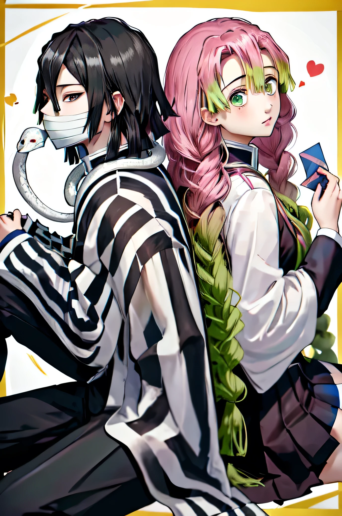  masterpiece,  envelopes, highres,
1 girl mitsuri,  Haori demon Hunter uniform pleated skirt white long sleeves medium high sleeves,
A boy obanai ,   with demon hunter uniform , vertical stripes,  black pants, mask, White snake
Sitting , back to back