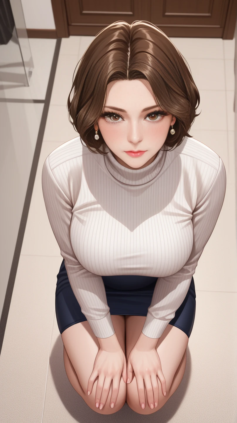 Score_9, Score_8_up, Score_7_up, Score_6_up, Score_5_up, Score_4_up, Source_anime, Tag1, Tag2, Quality_masterpiece, brown hair , brown eyes, MILF , voluptuous , seductive , attractive , plump , perfect features , perfect figure , perfect body ,elegant , glamour , beautiful, Perfectly Detailed , Ultra Detailed , Ultra Highly Detailed , Ultra HD , Accurate , Masterpiece , Anatomically Correct , High Details , High Quality , Super Detailed , Full Detailed , Fully Detailed , UHD , 8K , turtleneck sweater , large sweater , squatting on the floor , hands hugging knees , face looking up , pouting , blushing , fully clothed , high angle view , Looking at viewer, 