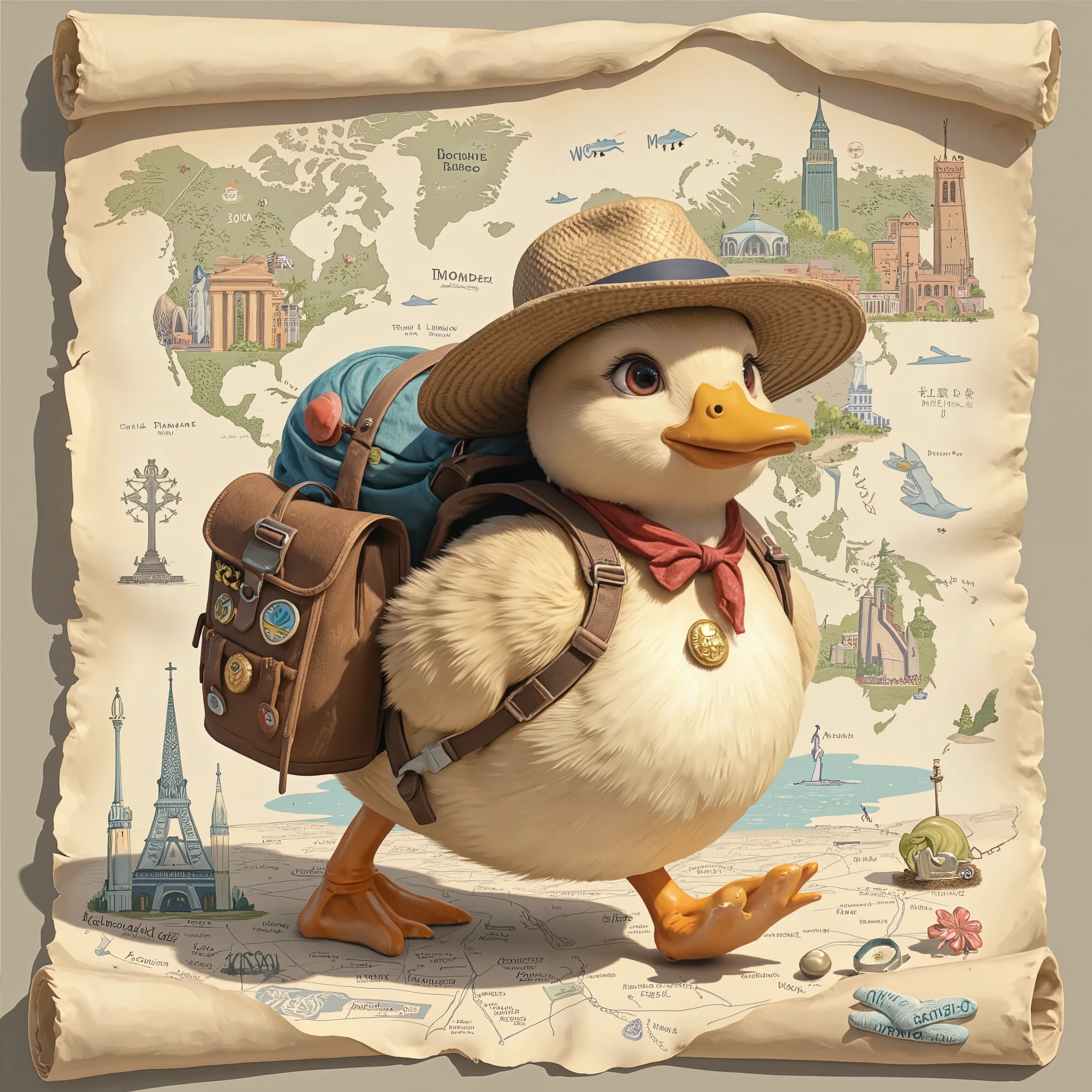 A plump duck wearing a hat and carrying a rucksack is traveling in front of a scroll background depicting famous places around the world.