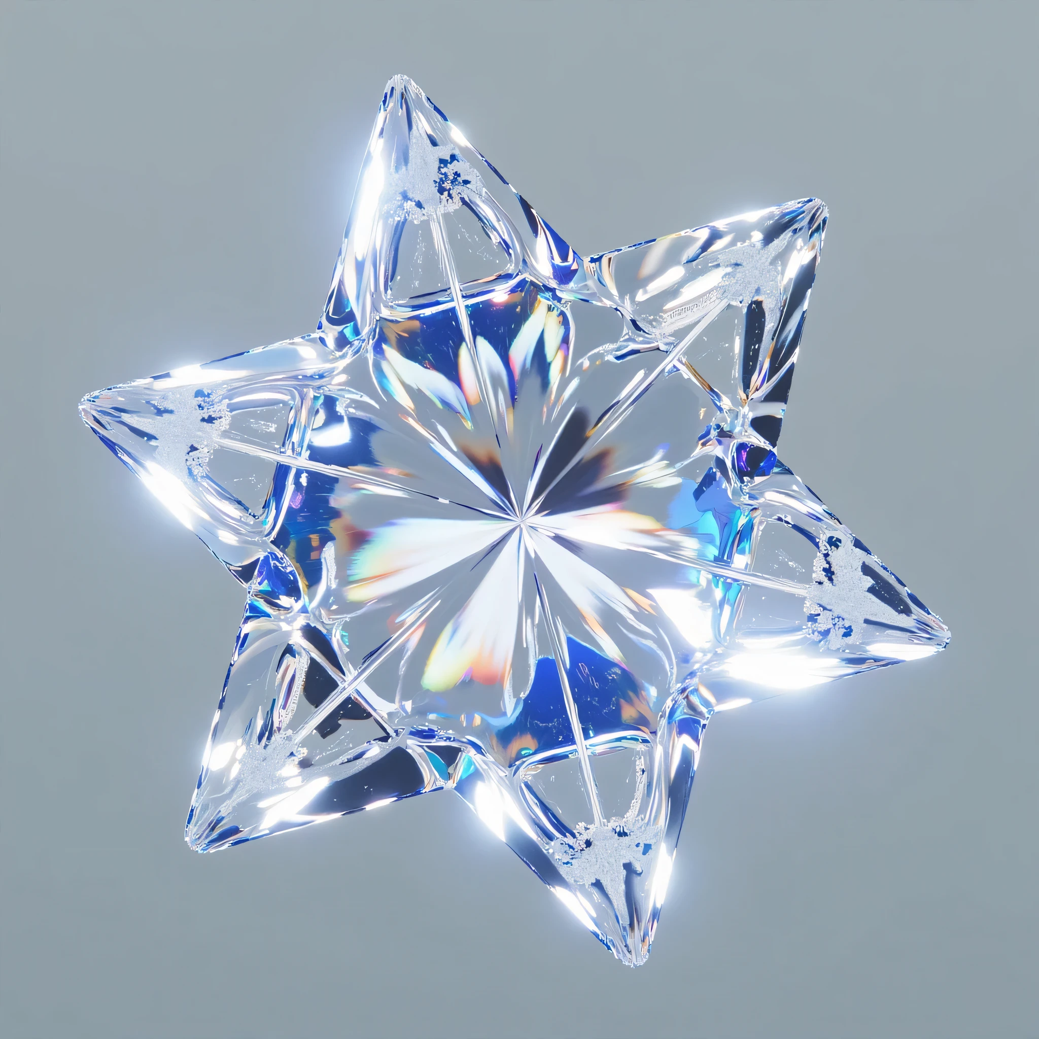 create a 3d crystal glass four point star with refraction and holographic effect isolated on transparent background, see through, holographic glass style