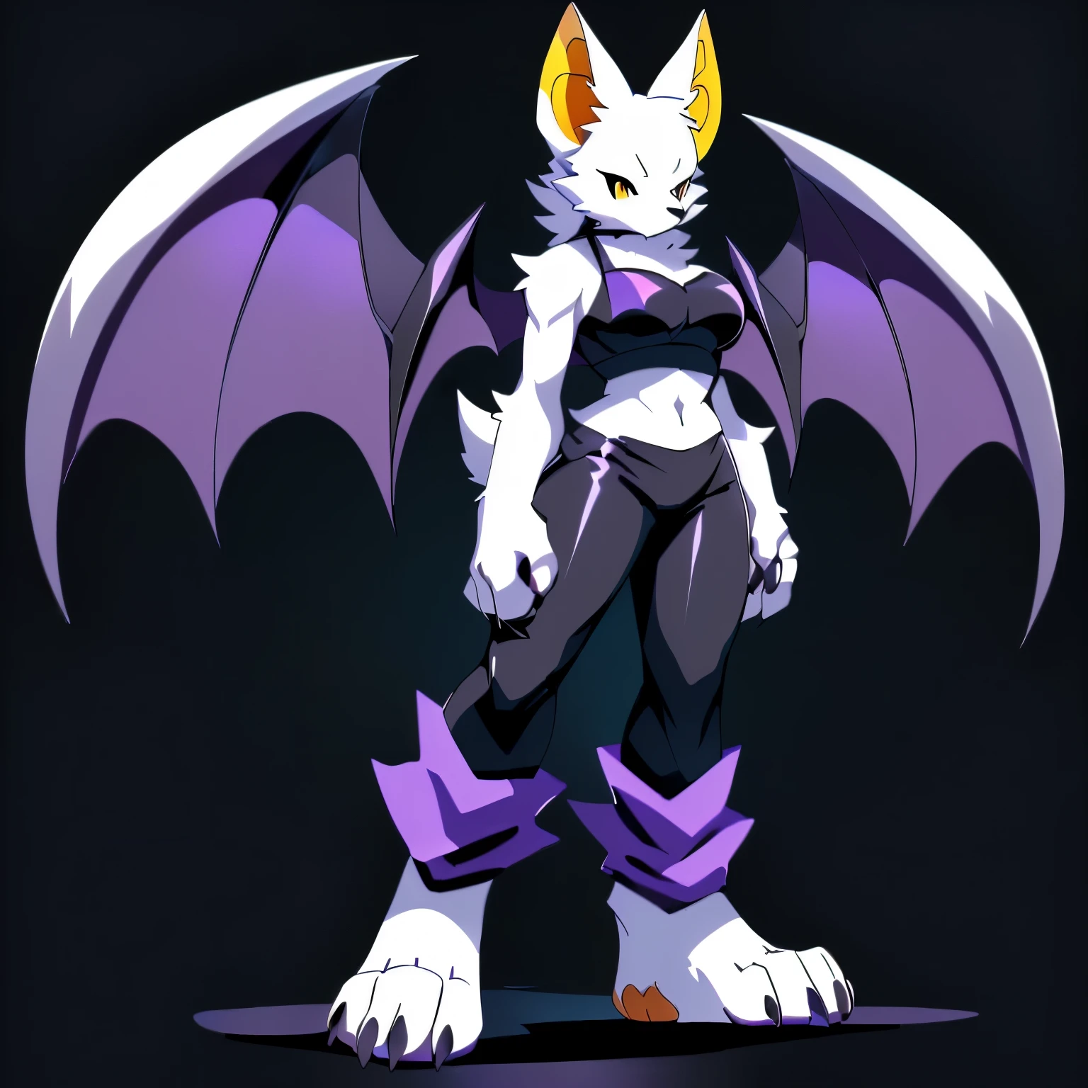 Anime, anime style, ((standing pose)), ((single person:2)), ((solo drawing:2)), ((solo:2)), ((three-quarter view)), ((Looking to the side)), ((female Anthro bat)), ((Tall figure)), ((buxom figure)), ((sleek white fur)), clawed hands, ((clawed paws)), ((Single Pair of Wings)), ((Huge Bat Wings)), ((Purple and black Bat Wings)), ((white bat ears)), ((wearing a black halter top)), ((white face)), ((black outfit with purple trim)), exposed belly, ((neutral expression)), vivid golden eyes, ((digitigrade legs)), ((digitigrade feet)), ((solid black background)), highly detailed anime style, clean lines, white face, short white muzzle, white furry cheeks, white furry muzzle, ((wearing loose pants)), ((white foot paws)), ((foot paws with four toes)), ((Claws on paws))