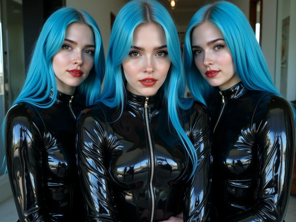 3 identical twins all wearing black latex catsuits with intricate and complex blue detailing throughout, and red lip gloss, rubber catsuits, glossy lips, bright blue hair,