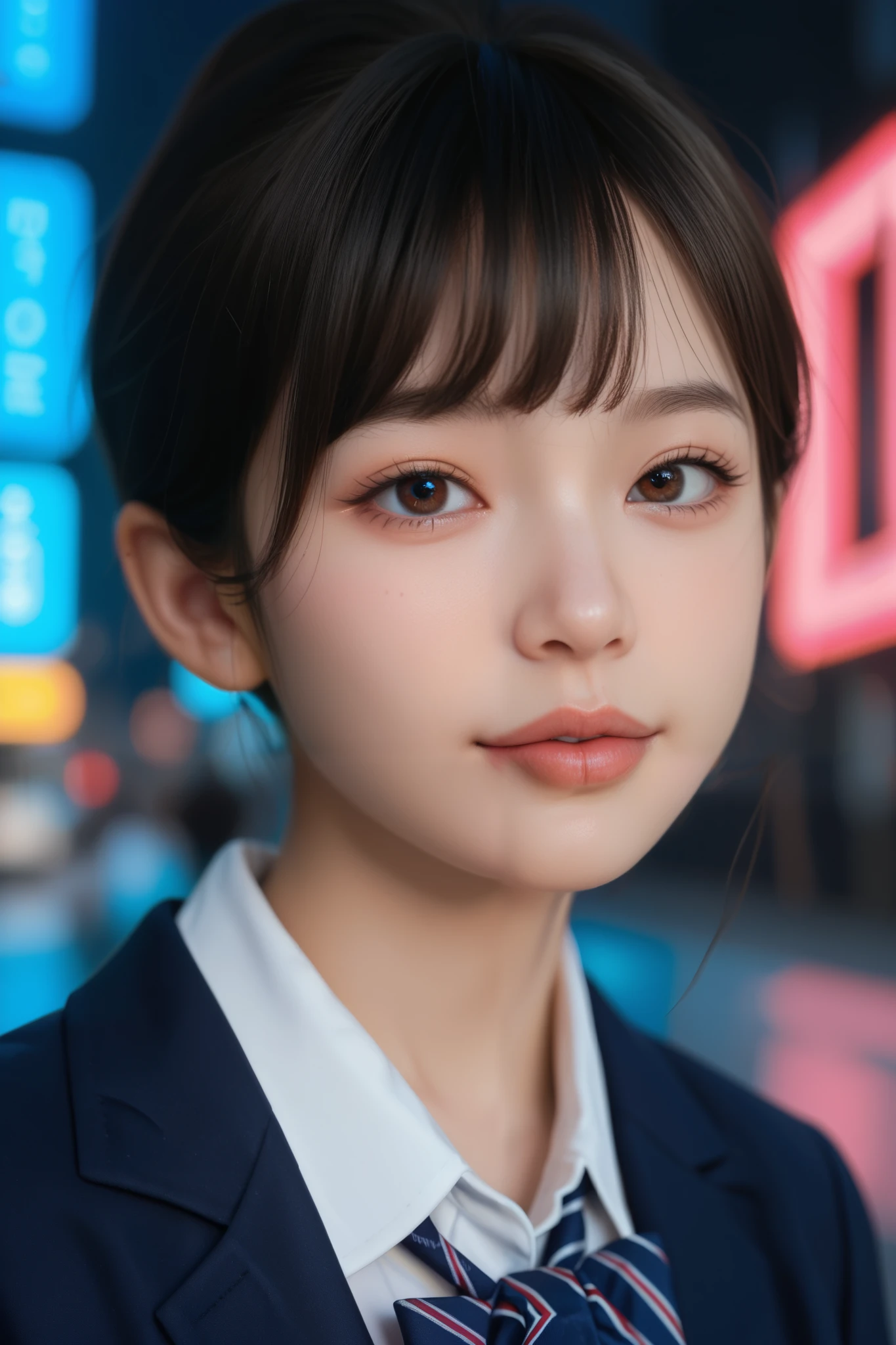 1 Girl, looks at her, high resolution, anatomically correct, best quality , Ultra Fine, very detailed on trends, Textured Skin, school uniform, high image quality model , smiles at the camera, face close-up , dark brown eyes, Night neon city background, Slightly long face ,