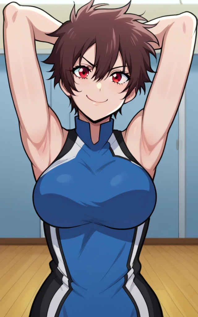 score_9, score_8_up, score_7_up, source_anime, anime screencap, 1girl, solo, nagisa aragaki, short hair, brown hair, red eye, blue shirt, sleeveless, sport uniform, arms behind head, bare shoulders, bare arms, armpits, looking at viewer, head towards viewer, smile, closed mouth, badhandv4, large breasts, feminine, indoors, gym background