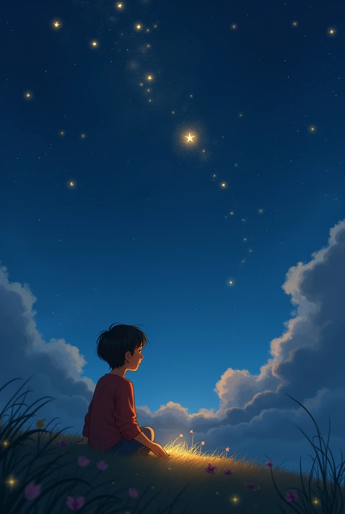 A boy with a pendant sitting watching the stars