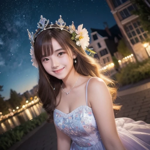  best quality , expensive_resolution,  clear_ images,  detailed background , girl , Random wear,flower, Night Sky, Dutch angle ,  wide shot , is a smiling face,  crown,  