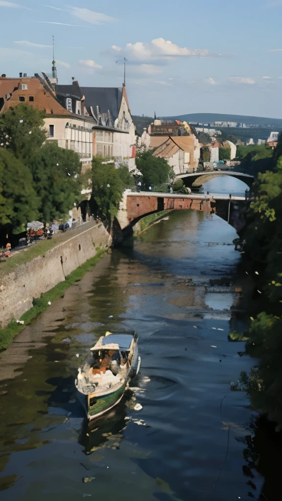 arafed view of a river running through a city with a bridge, nuremberg, germany. wide shot, building along a river, european river, germany, medieval cities, realistic photo of a town, seen from above, white buildings with red roofs, by Werner Gutzeit, view from above, arial shot, all buildings on bridge, by Robert Zünd