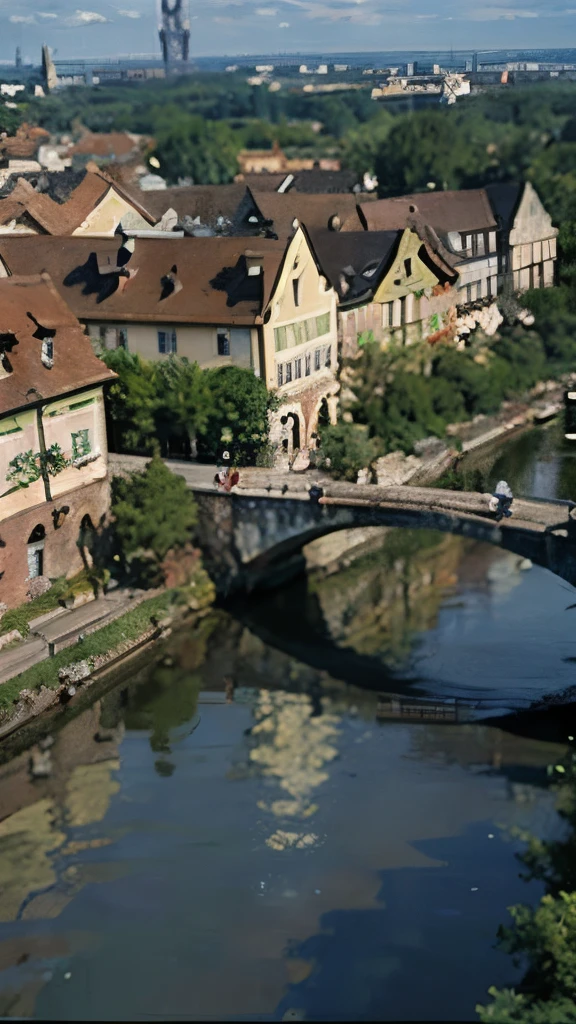 arafed view of a river running through a city with a bridge, nuremberg, germany. wide shot, building along a river, european river, germany, medieval cities, realistic photo of a town, seen from above, white buildings with red roofs, by Werner Gutzeit, view from above, arial shot, all buildings on bridge, by Robert Zünd