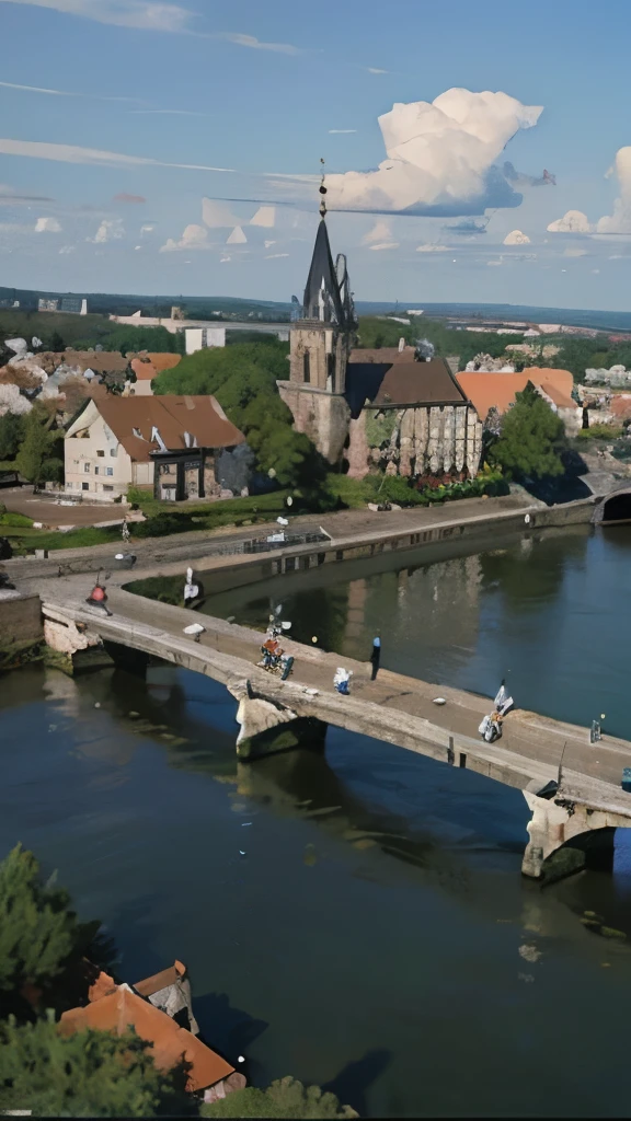 arafed view of a river running through a city with a bridge, nuremberg, germany. wide shot, building along a river, european river, germany, medieval cities, realistic photo of a town, seen from above, white buildings with red roofs, by Werner Gutzeit, view from above, arial shot, all buildings on bridge, by Robert Zünd