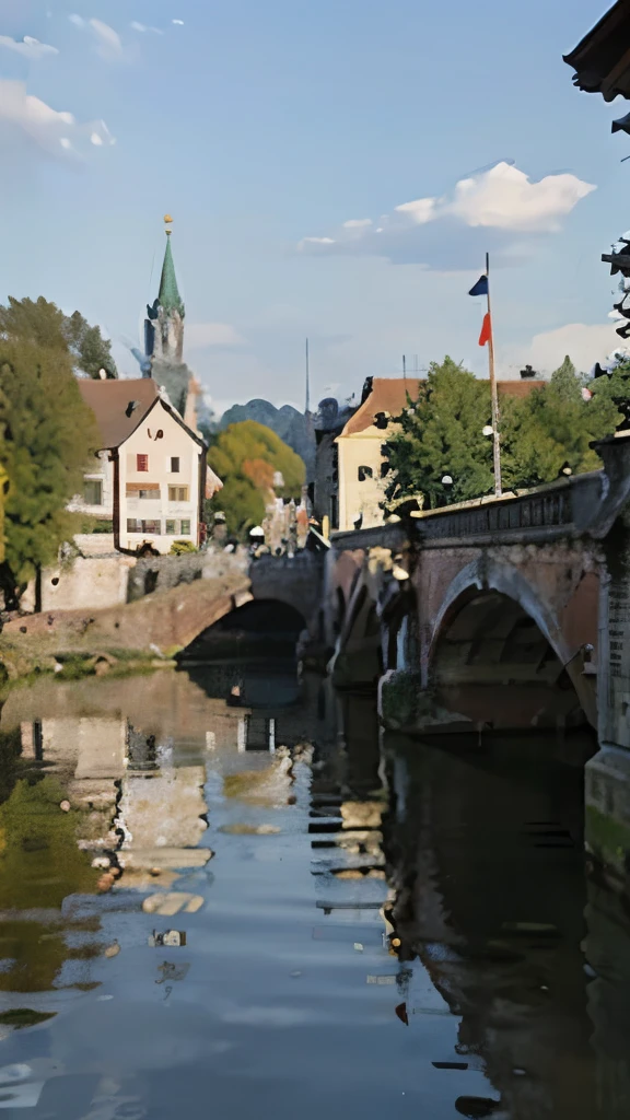 arafed view of a river running through a city with a bridge, nuremberg, germany. wide shot, building along a river, european river, germany, medieval cities, realistic photo of a town, seen from above, white buildings with red roofs, by Werner Gutzeit, view from above, arial shot, all buildings on bridge, by Robert Zünd