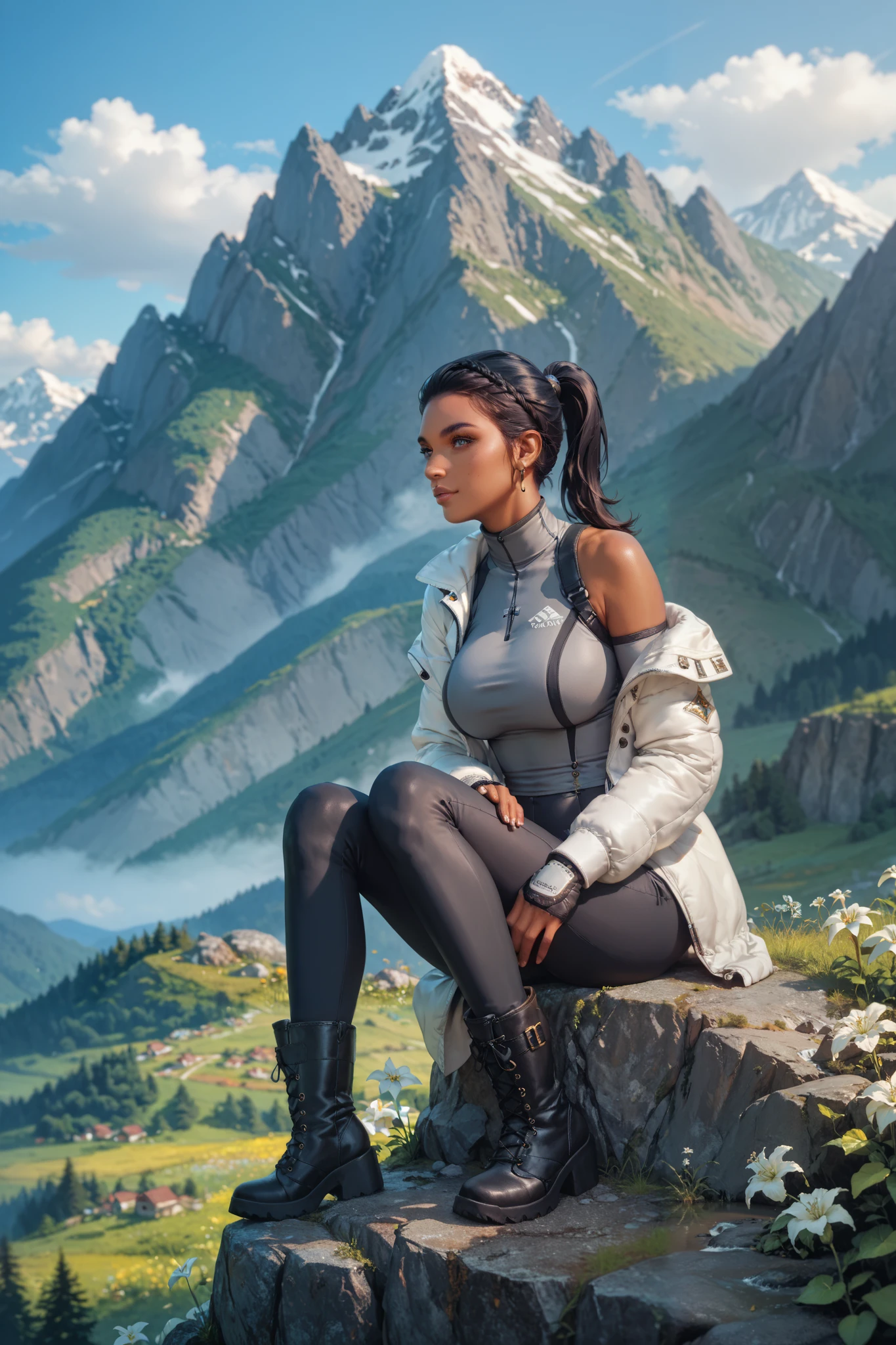 beautiful Latin woman, perfect body, sitting on the edge of a mountain, mountaineering clothing, sexy, olive skin, Black Hair, Ponytail, Large breasts, Best Quality, mountaineering boots, moncler_hermine, white jacket,