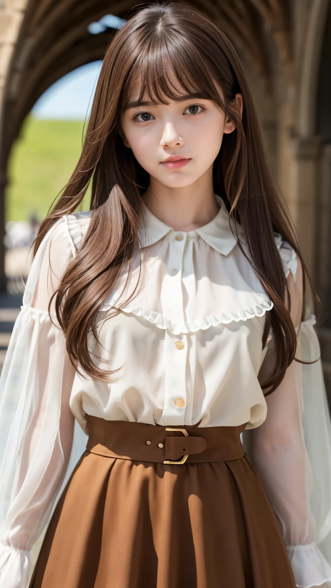 one girl、(beautiful girl、delicate girl:1.3)、(:1.3)、break、(spring clothes:1.3)、break、very fine eyes、(symmetrical eyes:1.3)、break、Perfectly shaped and anthropomorphically correct fingers、break、small breasts、brown eyes、(((longhair)))、parted bangs、brown hair、break、(Eye and face details:1.0)、break、(masterpiece、highest quality、Super detailed) 、detailed face、8k)、Chiffon blouse , A-line skirt, Full body、break、Mont-Saint-Michel Abbey