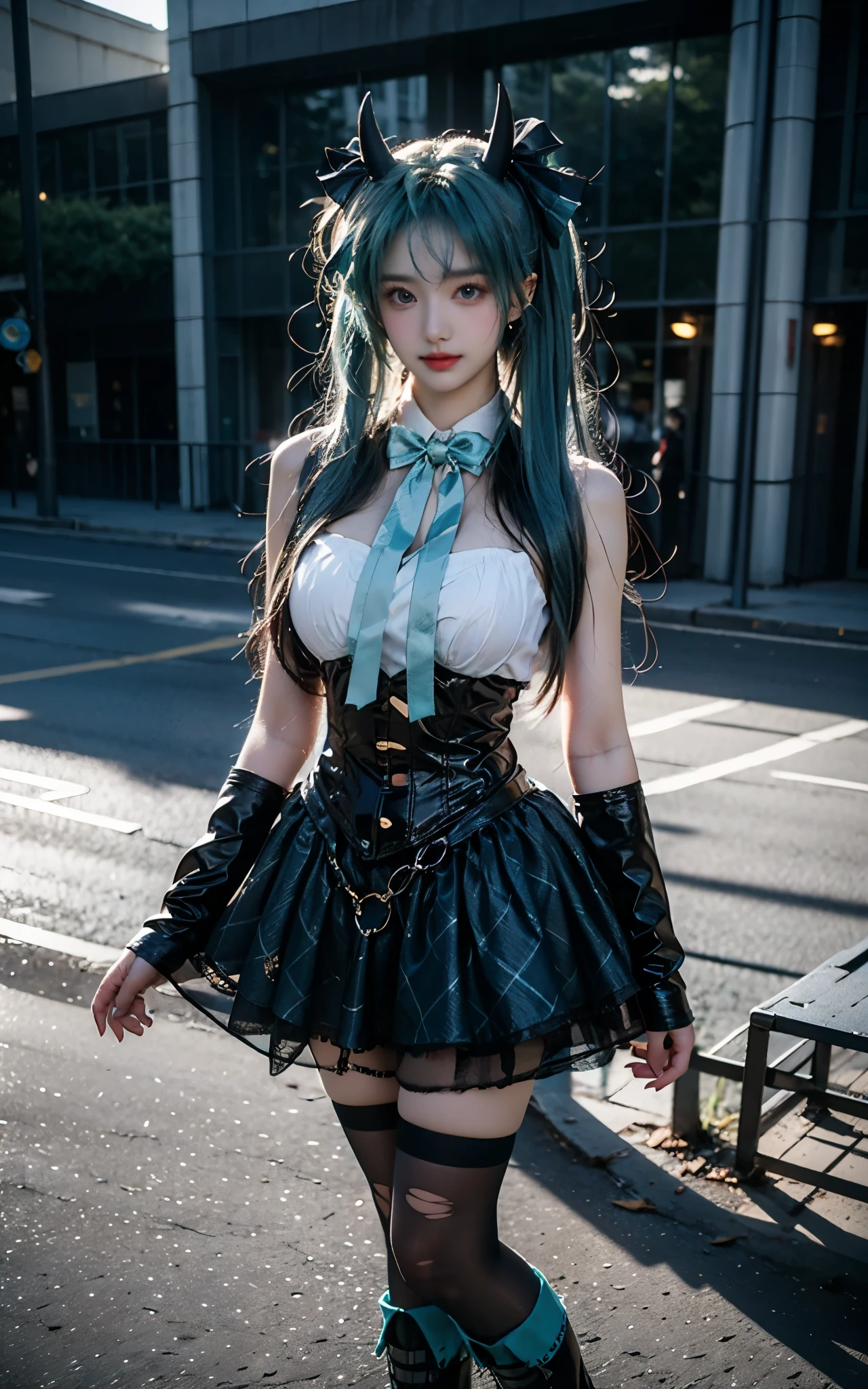 hatsune miku cosplay costume, hatsune miku, cosplay, aqua hair, very long hair, twintails, shirt, corset, skirt, plaid skirt, detached collar, detached sleeves, arm warmers, bowtie, bow, horns, demon horns, demon wings, demon tail, ribbon, o-ring, chain, thigh strap, hair ribbon, hair bow, thighhighs, torn thighhighs, knee boots, belt boots, platform boots
,,(Above the calves view:1.4), ((Portrait-oriented, focusing on the subject's body above the calves)), (from below:1.2), (I-type Valley), (Large breasts), (Very short hemline, revealing smooth thighs), Realistic beautiful woman, sexy long-legged model, standing gracefully with elegance. while one hand elegantly lifts the hem of her skirt up to her thigh. soft natural makeup, and her hair flows beautifully in the gentle breeze. Photorealistic lighting and shadows, high detail, 4K resolutio
