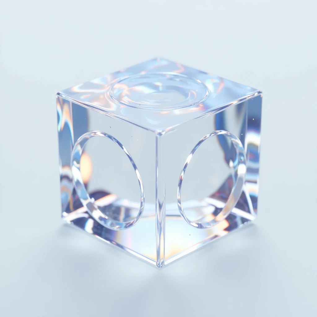 create a 3d crystal glass cube with refraction and holographic effect isolated on transparent background, see through, round circled edges, holographic glass style
