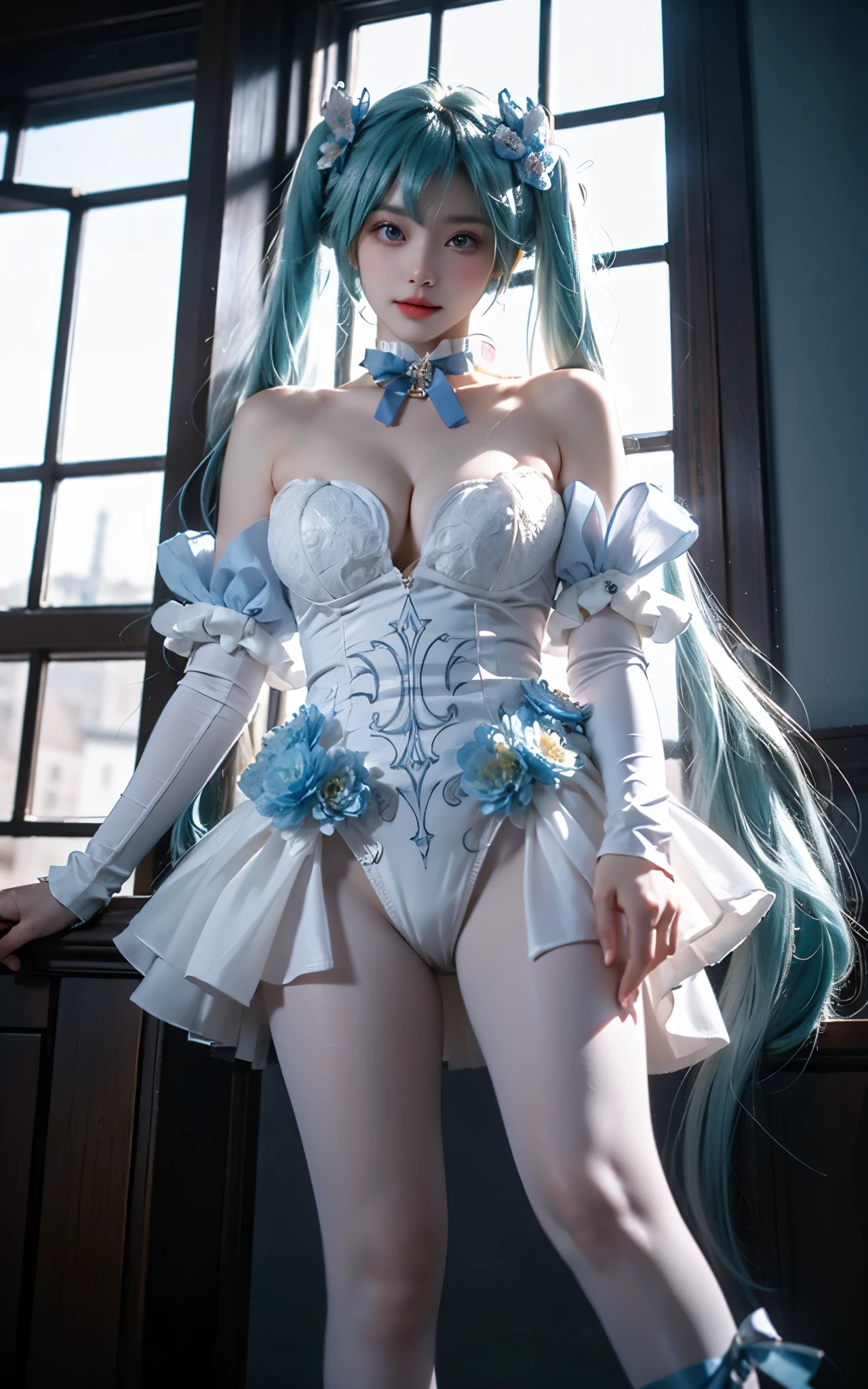 hatsune miku cosplay costume, hatsune miku, cosplay, long hair, aqua hair, twintails, very long hair, strapless leotard, strapless dress, leotard, dress, frills, detached sleeves, bare shoulders, choker, detached collar, flower, hair ornament, hair flower, blue ribbon, leg ribbon, ankle ribbon, breasts, cleavage, white pantyhose, pantyhose, high heels ((Full breasts)), ((The skirt is short)), ((Sexy legs)), ((whole body)), ((I-type Valley)), ((Visible cleavage)), Practical, Fashion Girl, Red lips, Mature women, Exquisite makeup, big eyes, beautiful, (best quality, masterpiece:1.2), Very detailed, (Practical:1.37), ((Random Scenes, Random shooting angle)), ((Sexy long legs)), Young and energetic, Charming model, (Exquisite eyes, Delicate lips), Show a bright smile, Create stunning girl images, warm color, Extremely saturated colors, Official Art, Extremely detailed CG, Unity 8K wallpaper, (High Dynamic Range :1.4), (Movie atmosphere),(Soft colors), (Natural skin texture, ultra-Practical, Soft Light, sharp),(Very detailed), night, moonlight