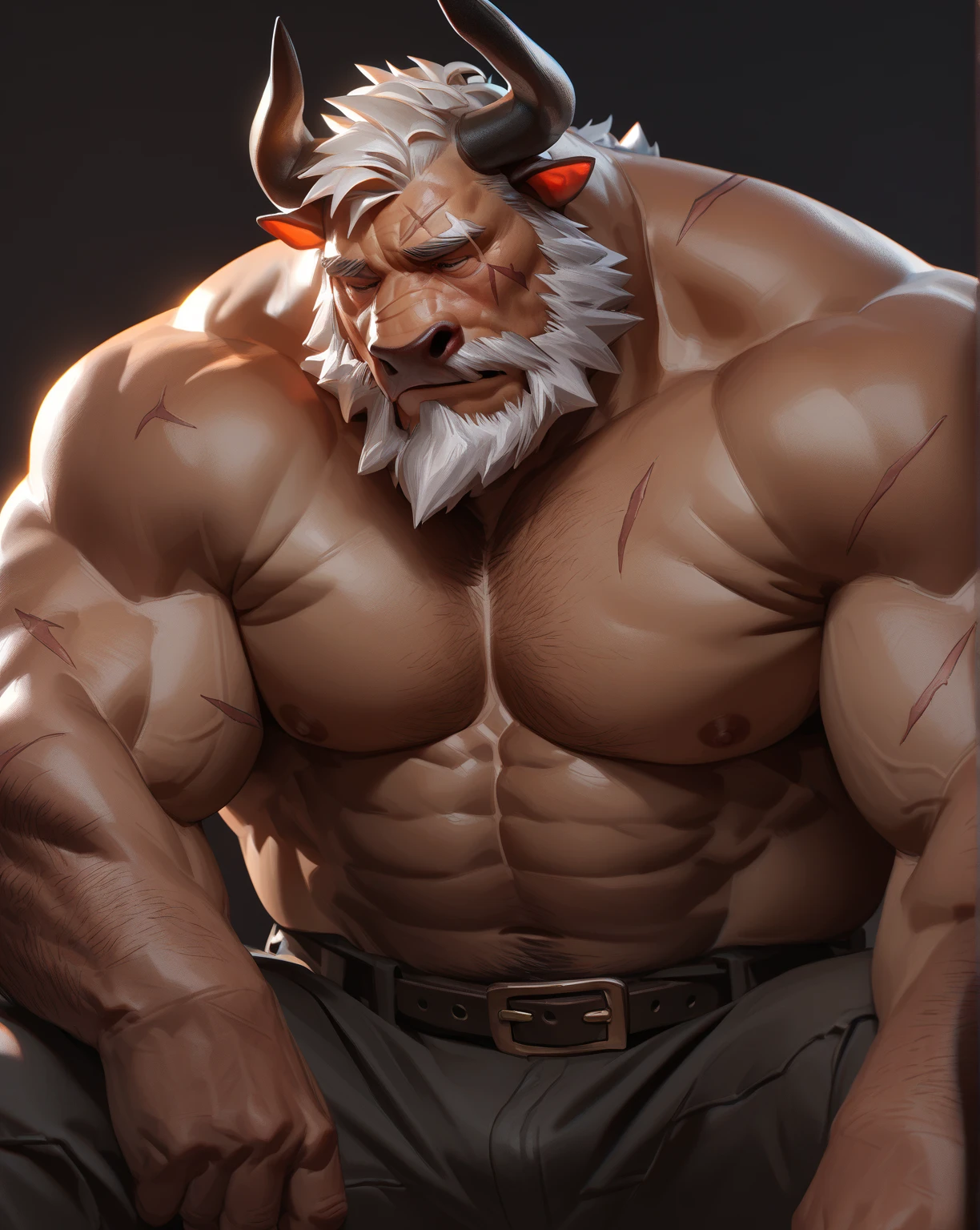 a potrait, half body, semirelistic:1.2, ((huge horn's, black horn's)), thick beard, black mustache, black nose, thick mustache, massive muscle, masterpiece, detailed face, muscular old man in front house, old man, bearded. white hair and beard, bearded, ((muscular, pectoral, wide pectoral, huge pectoral, thick arm, huge arm)), realistic, 8k, masterpiece, (wearing shorts and shirtless:1.3, topless, shoes), smile, brown bear