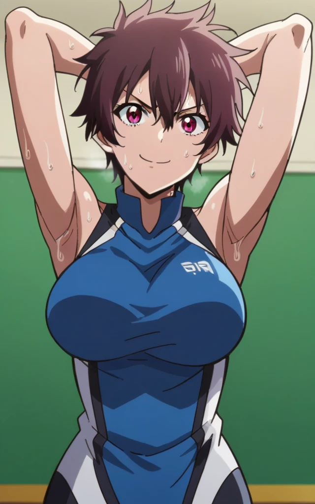 score_9, score_8_up, score_7_up, source_anime, anime screencap, 1girl, solo, nagisa aragaki, short hair, brown hair, red eye, blue shirt, sleeveless, sport uniform, arms behind head, bare shoulders, bare arms, armpits, looking at viewer, head towards viewer, smile, closed mouth, badhandv4, large breasts, tomboy, indoors, gym background, sweaty armpits