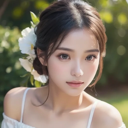  1 girl,  off shoulder, A faint smile,  Shiny Skin,  best quality , Masterpiece, ( Photorealistic:1.4)