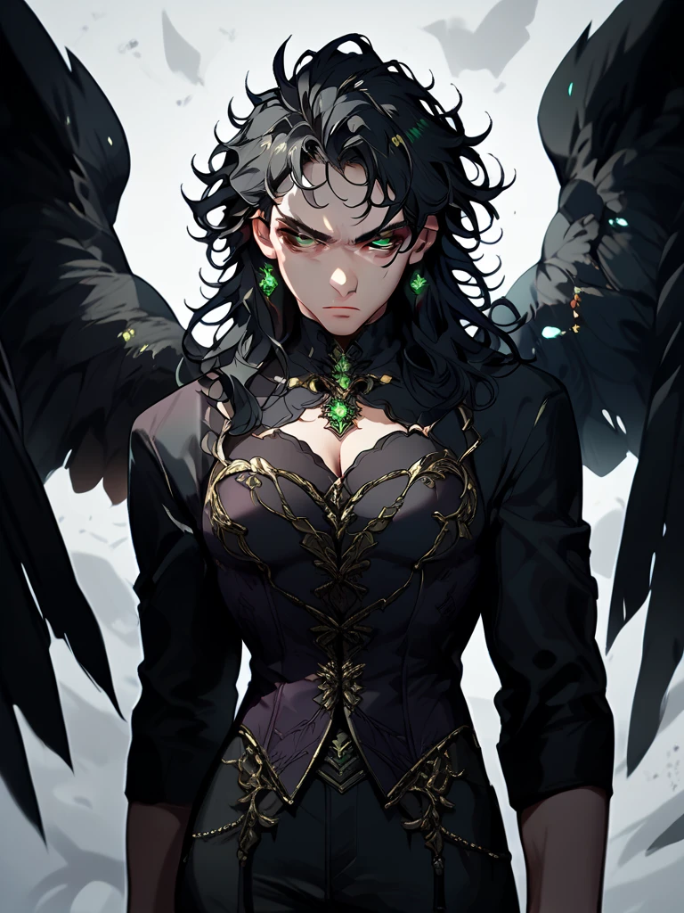 Horned man, fallen angel with outstretched wings, bright green eyes, black hair, serious expression, wearing a black shirt and a dark purple corset, along with elegant black pants