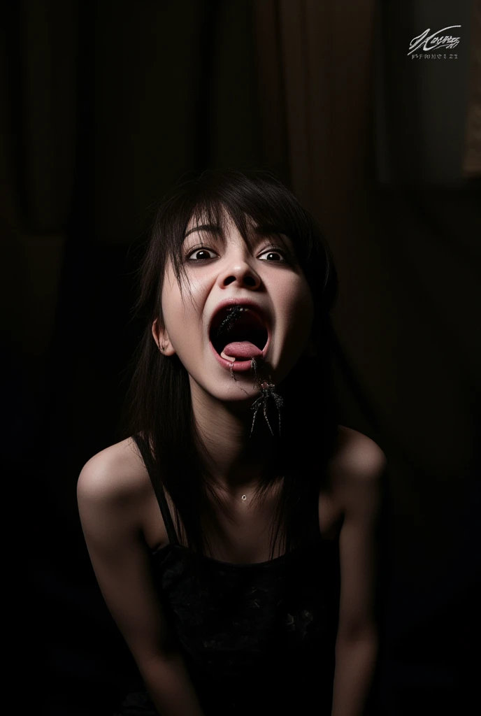 Spider in the mouth of a sleeping person , sexy, goth , pleasure face, rolled up eyes, orgasm face, tongue out,  creative studio shot, angle,  mouth with spider crawl