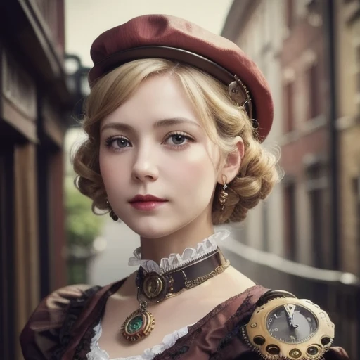 close-up,  blond short curly  girl with straight hair little red hat, Necklace Watch, (  Victorian Era ), (( steampunk)),   cinematography , Worked,  elegant , Close up portrait of ,  amazing,  Maximum Details ,  Extremely Hyper Aesthetic ,  Charming Elizabeth 2 , Many gears, Old town background