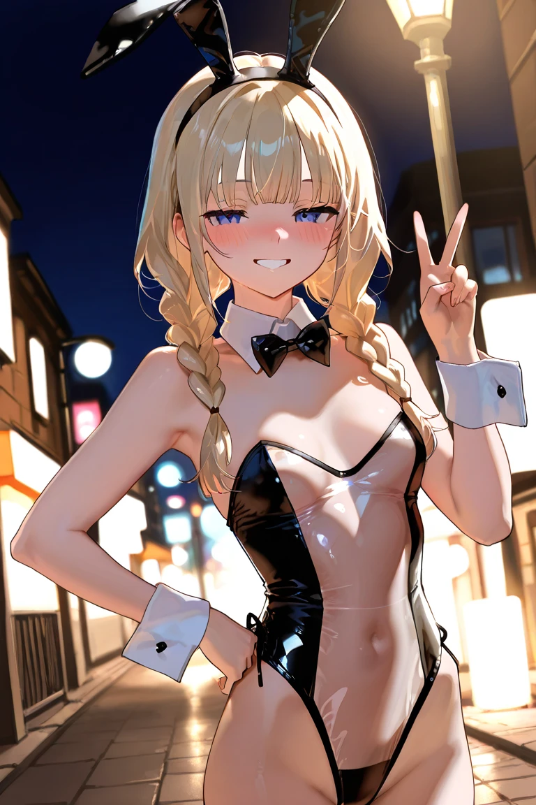 Photo of beautiful jpn-girl, masterpiece, 1 girl,
((8 years old,LOLI-CON:1.5)), Cyborg girl with blonde bob hair and blue eyes, (blonde bob hair:1.2),seductive smile, (white highleg playboy bunny:1.2) , (mechanical bunny ears headband: 1.2), headphones, (crescent moon sunset:1.3), on the roof of a building, mountains in the distance,(wet,sweating:1.2) , (cowboy shot), (camel-toe:1.2) , perfect finger, perfect digits,