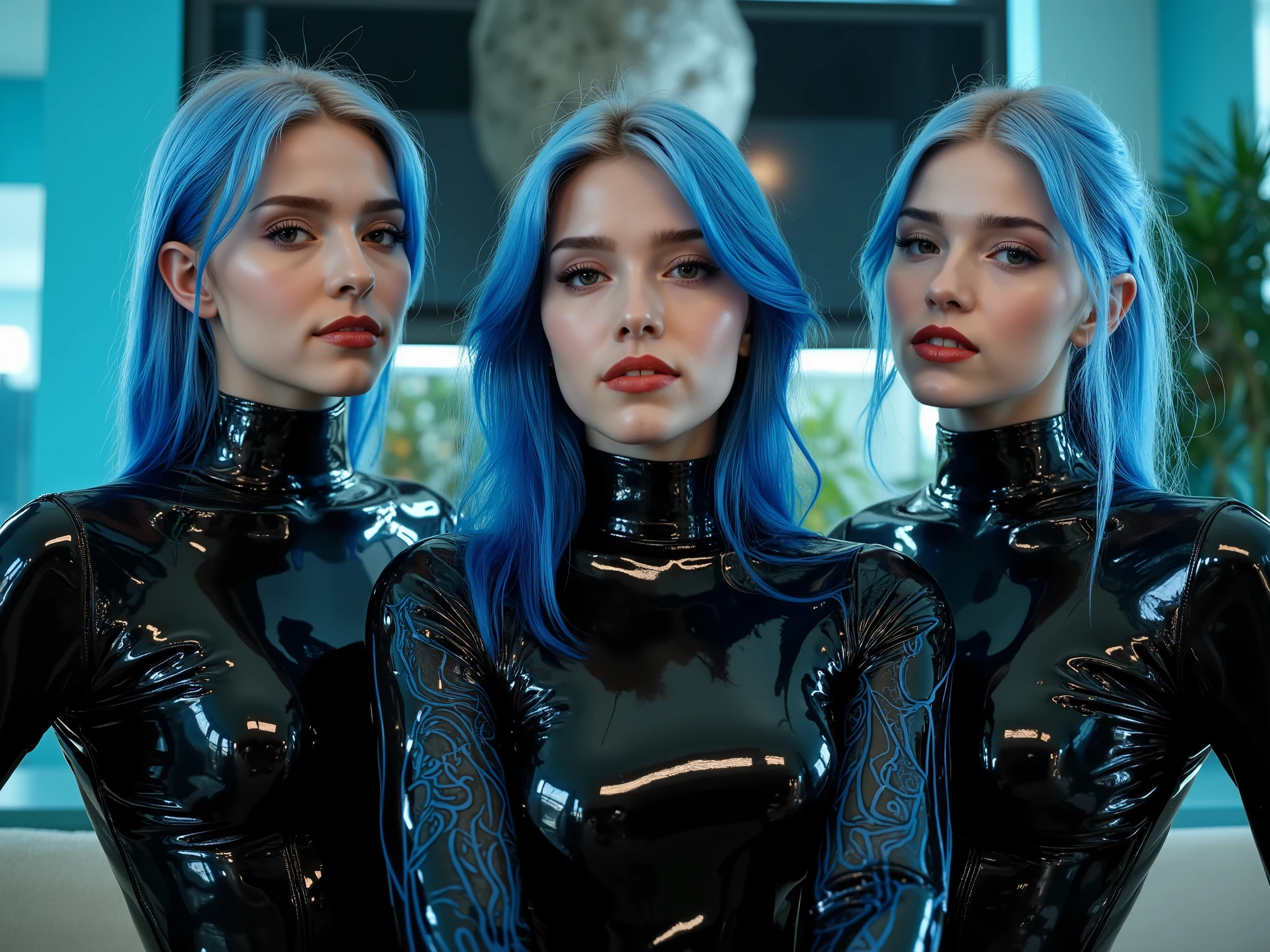 3 identical twins all wearing black latex catsuits with intricate and complex blue detailing throughout, and red lip gloss, rubber catsuits, glossy lips, bright blue hair,