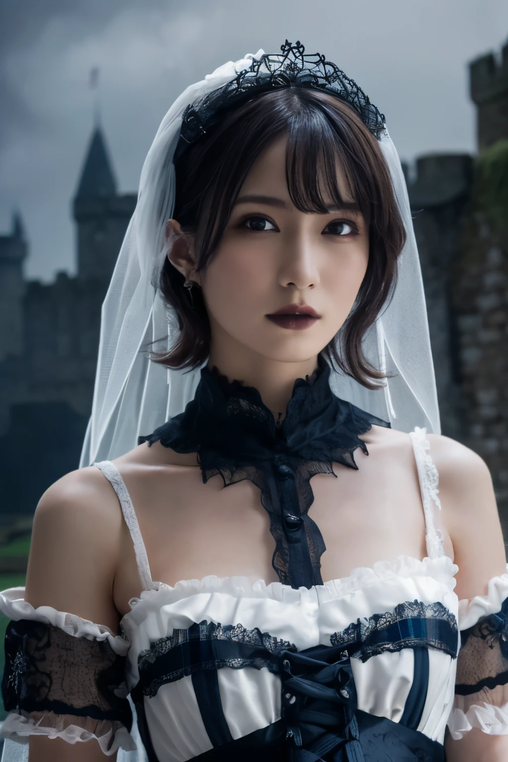 1 girl, ( wearing a gothic wedding dress :1.2), (Veil), A very beautiful portrait of a Japanese singer, ( Lying Down ),
( RAW photos, best quality ), ( realistic, realistic:1.4), (masterpiece),
so delicate and beautiful, very detailed on trends, 2k wallpaper, amazing, finely, very detailed on trends CG Unity 8K wallpaper, very detailed on trends, high resolution, Soft light,
girl with beautiful details wearing a navy blue blouse, very detailed on trends目と顔, beautiful and sophisticated nose , beautiful beautiful eyes under the sun, movie lighting,
( Scottish castles:1.3), ( overcast, monotone dark screen standing in an old Scottish castle :1.3), (Thick Fog),
(Short hair), Perfect Anatomy, slender body, ( small breasts), whole body