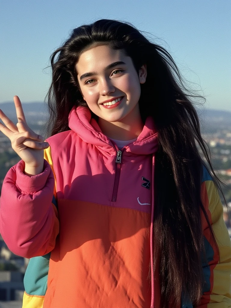 (masterpiece, best quality:1.3), 1girl, Alone, 
she wear in puffy colorful down hoodie.,
young Jennifer Connelly at age 15, 
with cute face yet with precocious female body,
no make up,
her succulent healthy skin bauty emphasized.,
plump cheeks, 
scooped nose arched high with a turned-up tip,
plump blreasts, broad shoulders, 
shiny long dark hair fluttering,
she is making a victory pose.,
she smiling triumphantly.,
under bright natural light illuminating on her face,