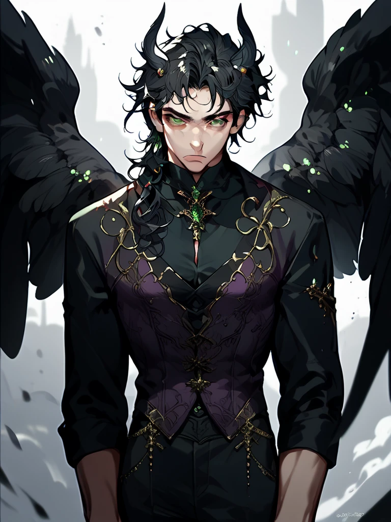 Horned man, MALE fallen angel with outstretched wings, bright green eyes, black hair, serious expression, wearing a black shirt and a dark purple corset, along with elegant black pants