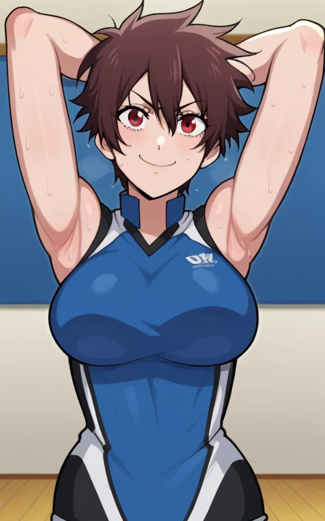 score_9, score_8_up, score_7_up, source_anime, anime screencap, 1girl, solo, nagisa aragaki, short hair, brown hair, red eye, blue shirt, sleeveless, sport uniform, arms behind head, bare shoulders, bare arms, armpits, looking at viewer, head towards viewer, smile, closed mouth, badhandv4, large breasts, indoors, gym background, sweaty armpit