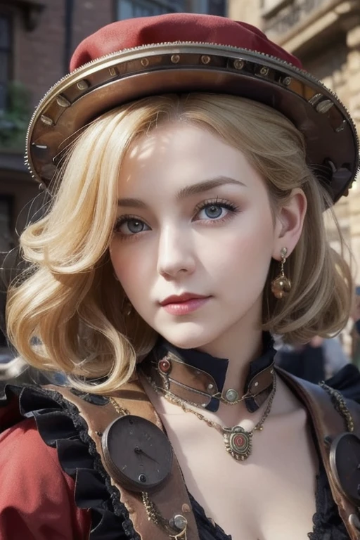 close-up,  blond short curly  girl with straight hair little red hat, Necklace Watch, (  Victorian Era ), (( steampunk)),   cinematography , Worked,  elegant , Close up portrait of ,  amazing,  Maximum Details ,  Extremely Hyper Aesthetic ,  Charming Elizabeth 2 , Many gears, Old town background