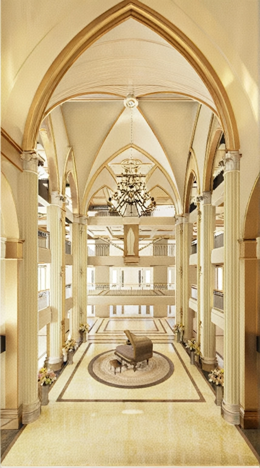 Neoclassical livingroom interior, white cream tone,  gray carpet, ceiling light, flower, picture, white curtain on the left, (picture:1.1), marble wall, many moldings, wall lamp,window, natural light, (round pillar : 2), The space exudes a sense of classic elegance and warmth, highlighted by sturdy round columns painted white or clad in polished marble, creating a feeling of stability and sophistication. The columns are symmetrically arranged, serving as both architectural accents and elements of balance for the overall design.

Running along the balcony or hallway, the wooden railings are meticulously crafted, featuring soft, intricate carvings. The natural wood, in warm tones such as deep brown or light oak, is finished with a glossy polish to enhance its refined and inviting appearance. This space evokes a sense of closeness to nature, blending rustic charm with understated luxury, making it an ideal spot to relax, enjoy fresh air, or have meaningful conversations with family and friends.